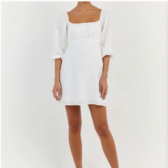 DISSH Linen Mini Dress size 2 Puff Sleeve square neck coastal - Picture 1 of 11
